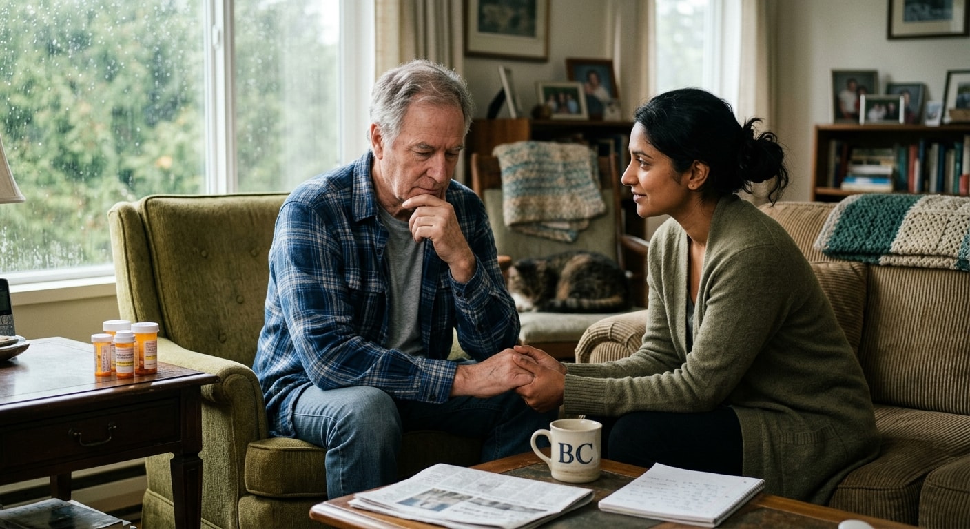 Caregiver sitting with senior in conversation at home