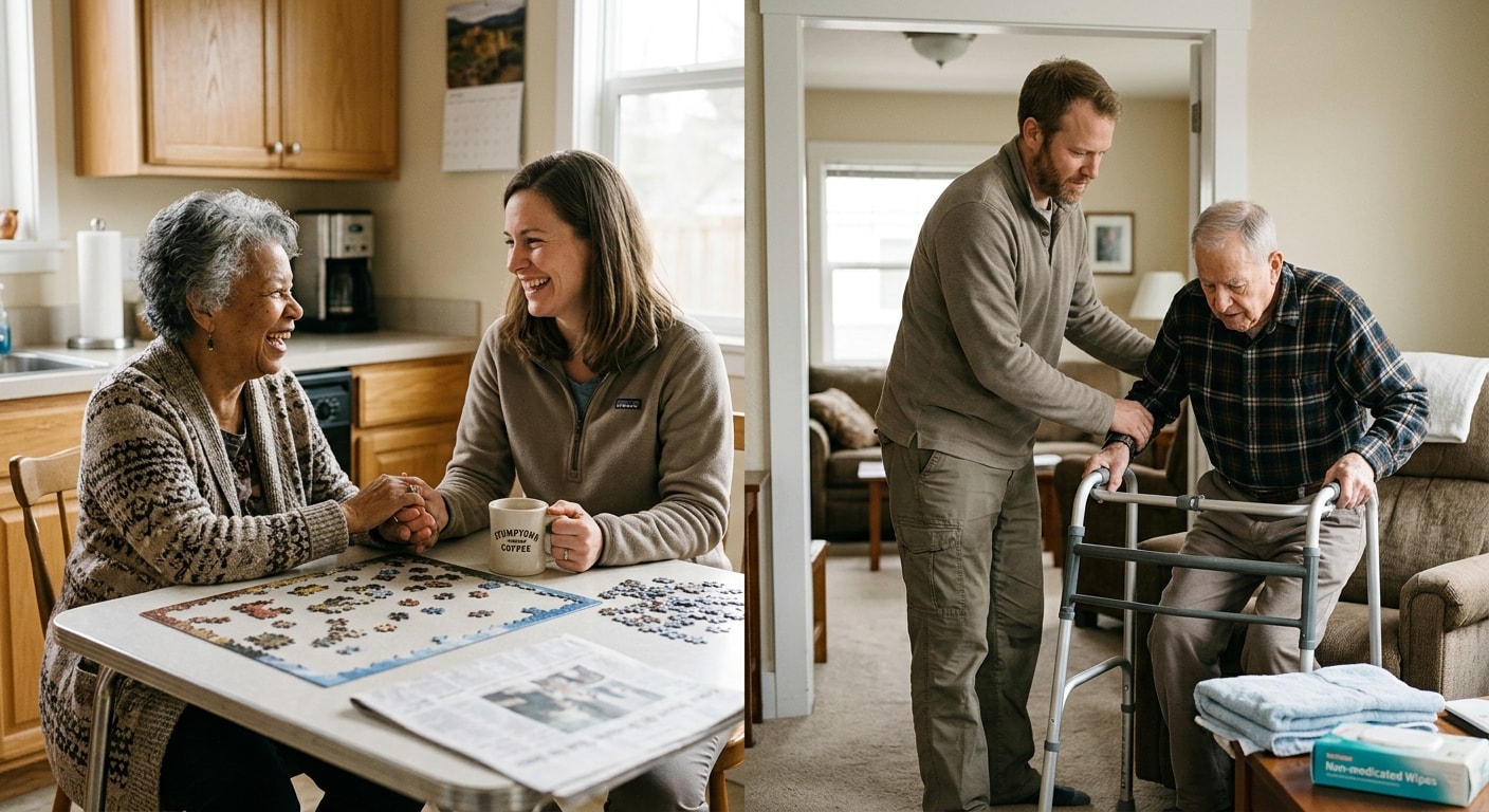 Caregiver doing a puzzle with a senior and caregiver helping senior with a walker