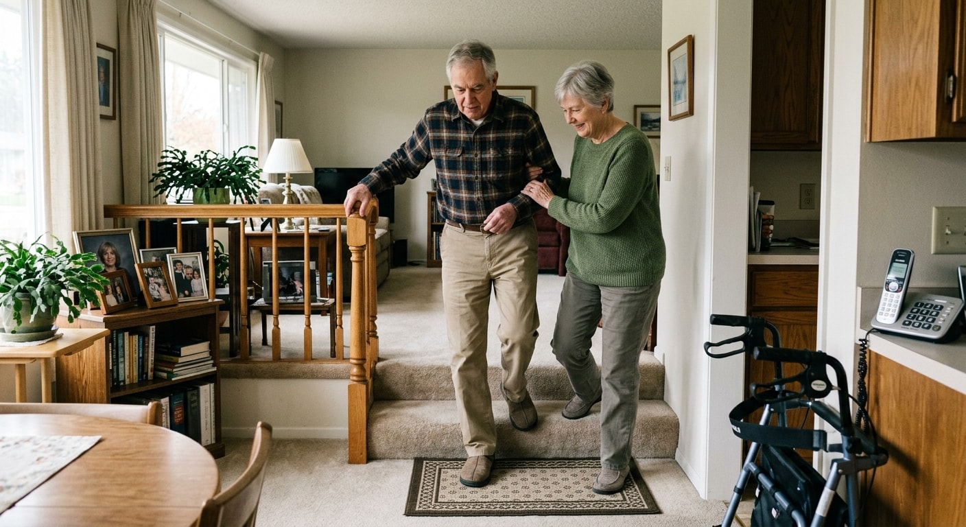 Older couple navigating stairs safely together at home