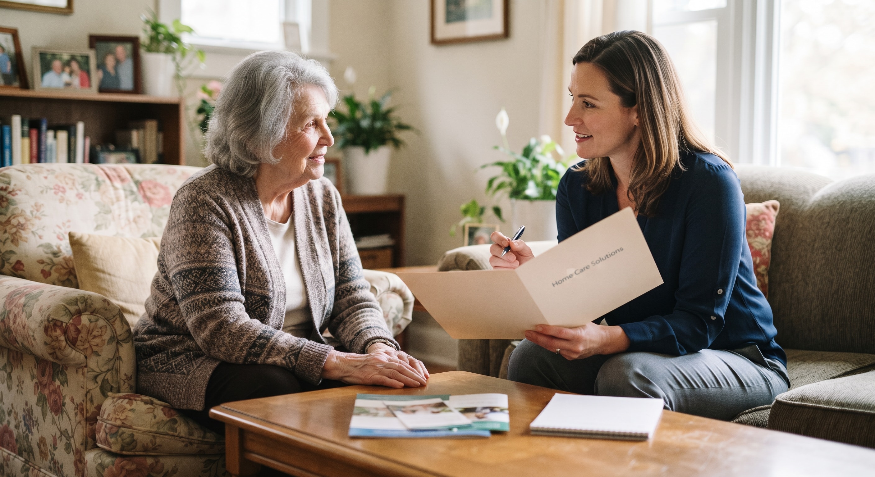 Caregiver meeting with senior at home holding a Home Care Solutions folder