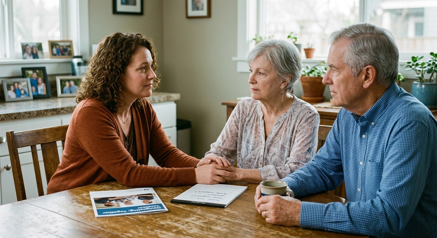 Family members in conversation at kitchen table