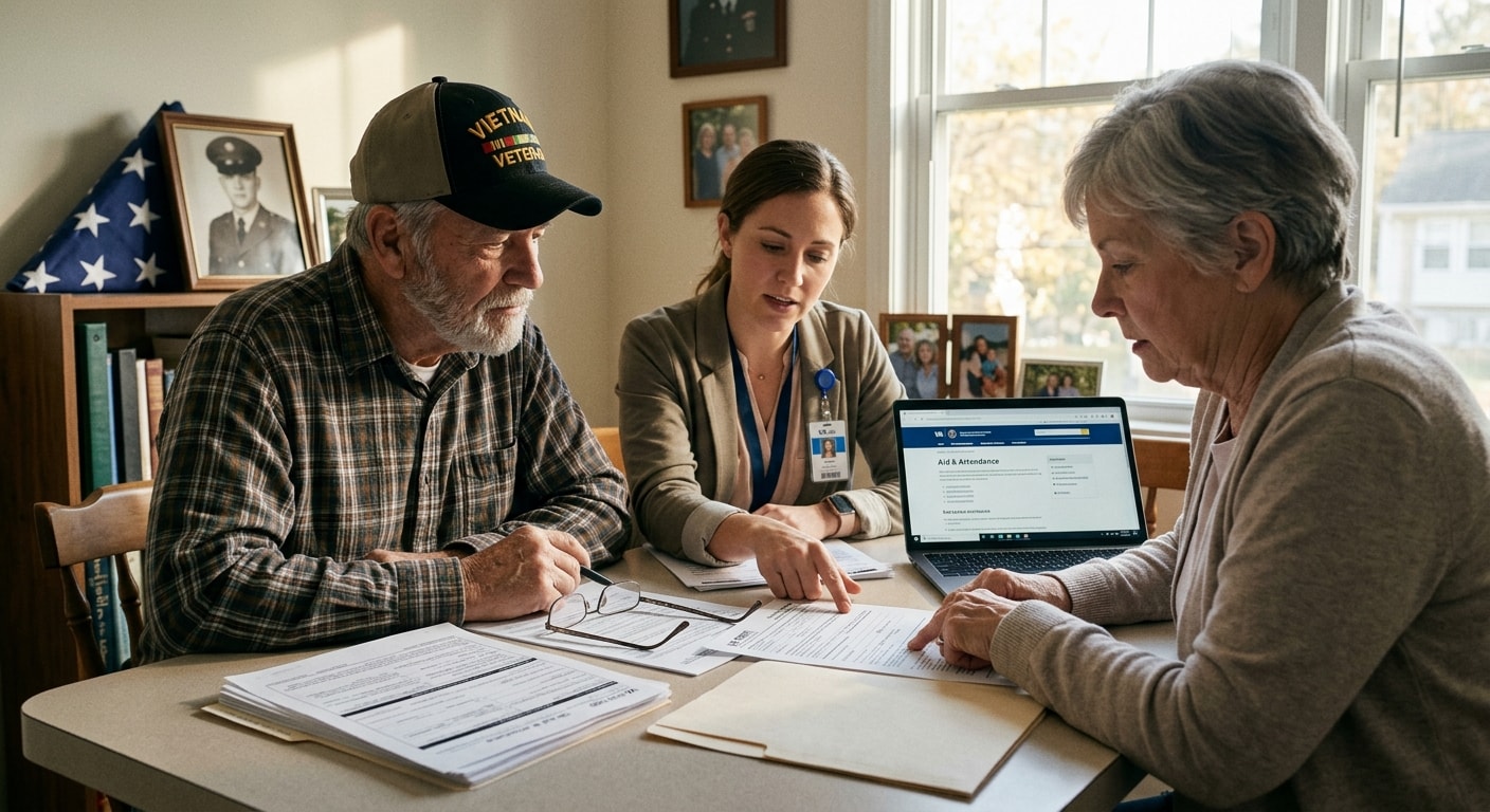 Vietnam veteran and family reviewing VA benefits with a care coordinator