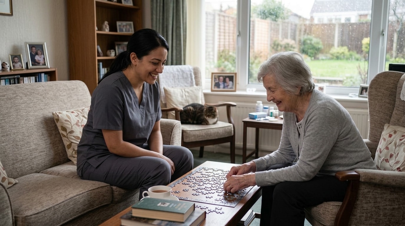Caregiver and senior laughing together during a companionship visit