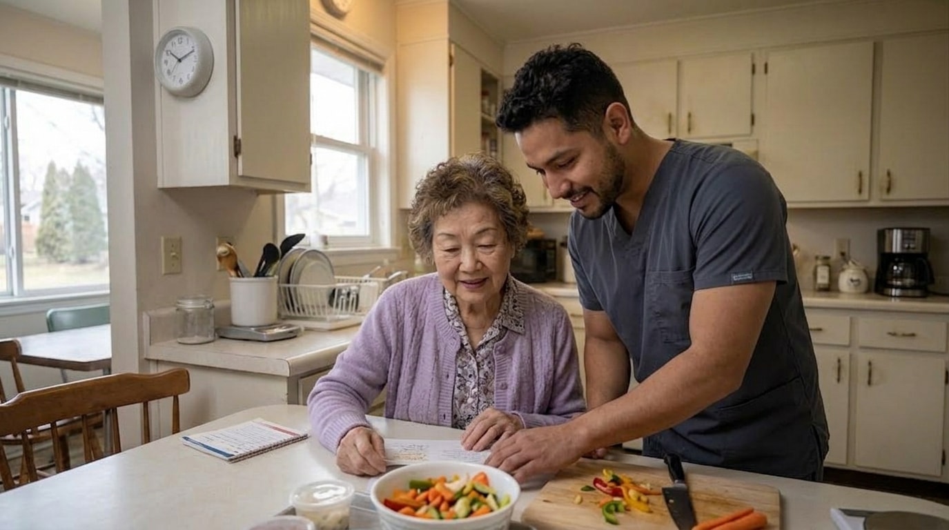 Caregiver preparing a nutritious home-cooked meal for a senior